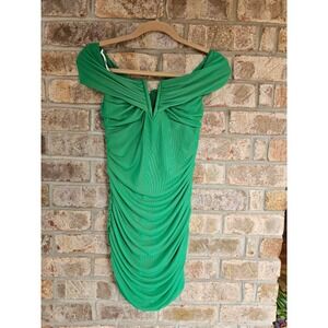 Cass & Cat Size 12 Off Shoulder Ruched Bodycon Mini Dress Green Party Cocktail